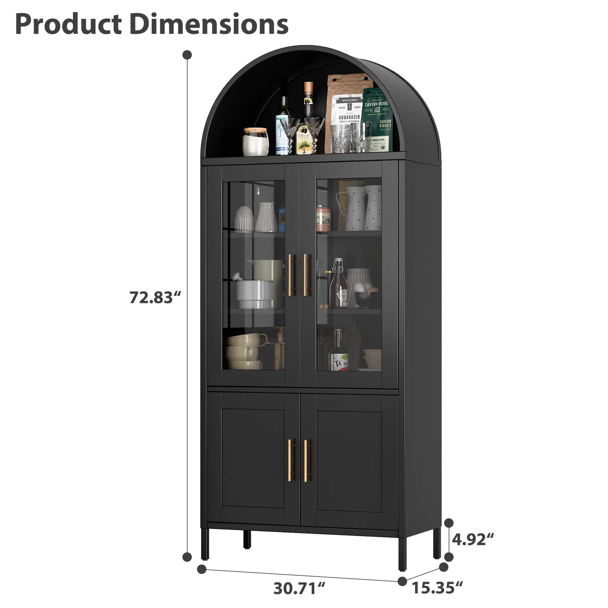 SUXXAN Metal Arched Storage Display Lockable Cabinets with Glass Doors and Adjustable Shelves, Assembly Required, Black