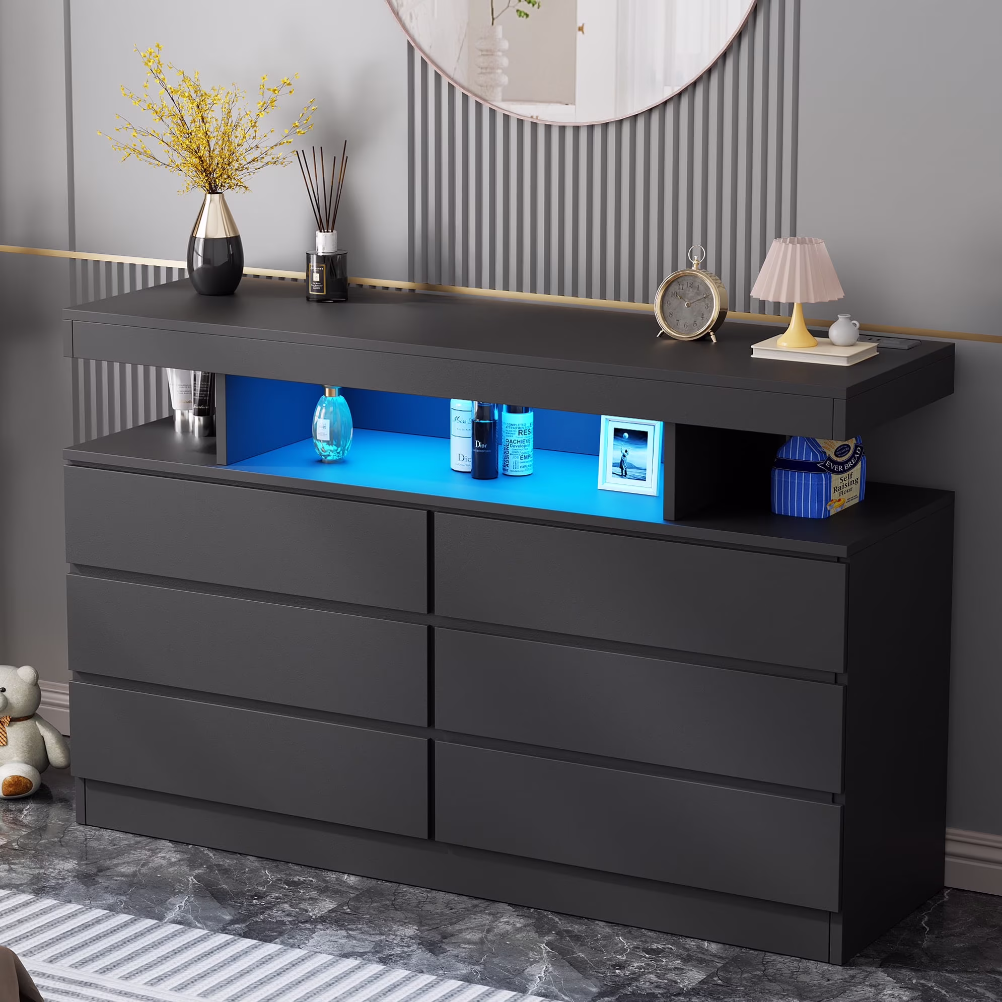 BEWISHOME Black 6-Drawer Dresser with LED Lights & Charging Station -C Modern Wood Storage Cabinet with Open Shelge Cabinet with Open Shelf, USB Ports & Outlets -C 47.24" Bedroom & Living Room TV Stand
