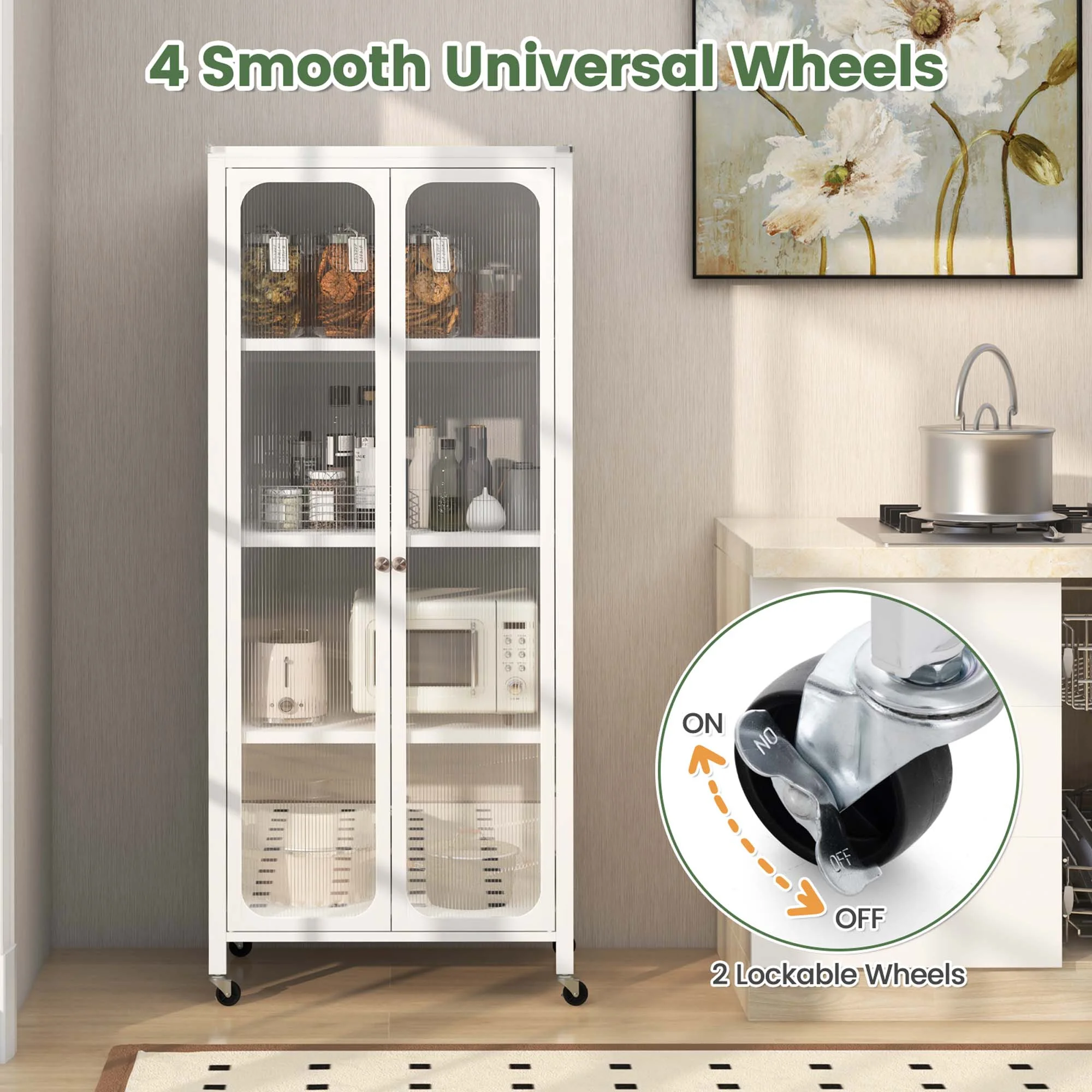 Costway Storage Cabinet with Wheels & 2 Translucent Doors Adjustable Shelves Sideboard 24" x 14.5" x 58"
