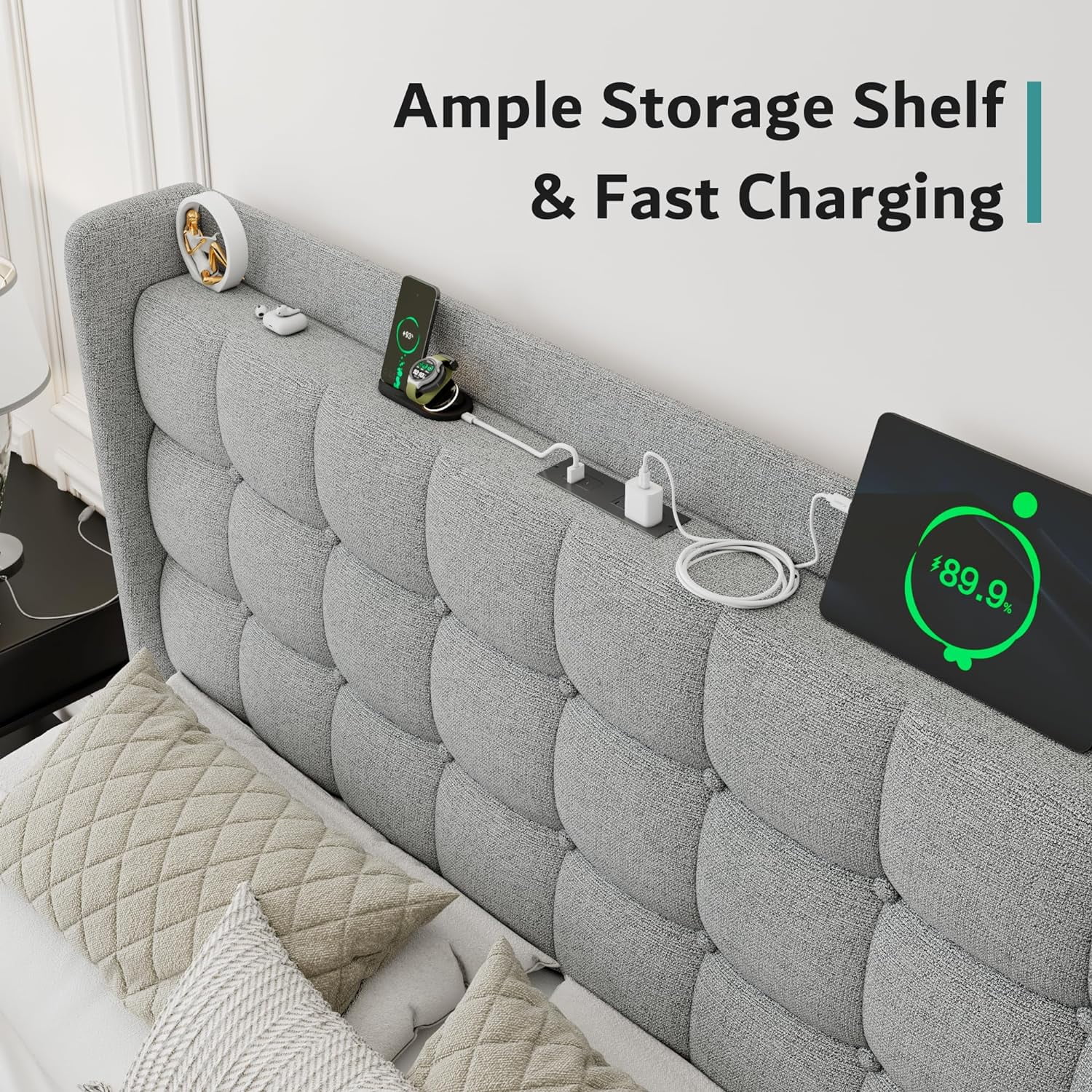 ipormis Full Size Bed Frame with Charging Station-Upholstered Platform Bed Frame with Wingback Storage Headboard, No Box Spring Needed,Light Grey