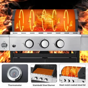 Upgraded 4 Burner BBQ Propane Gas Grill with Cast Iron Grates & Side Stove, 44,000 BTU Stainless Steel Burner Barbecue Grill for Patio, Camping, Outdoor Cooking.