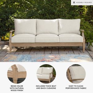 Signature Design by Ashley Clare View Coastal Outdoor Patio Eucalyptus Sofa with Cushions, Beige