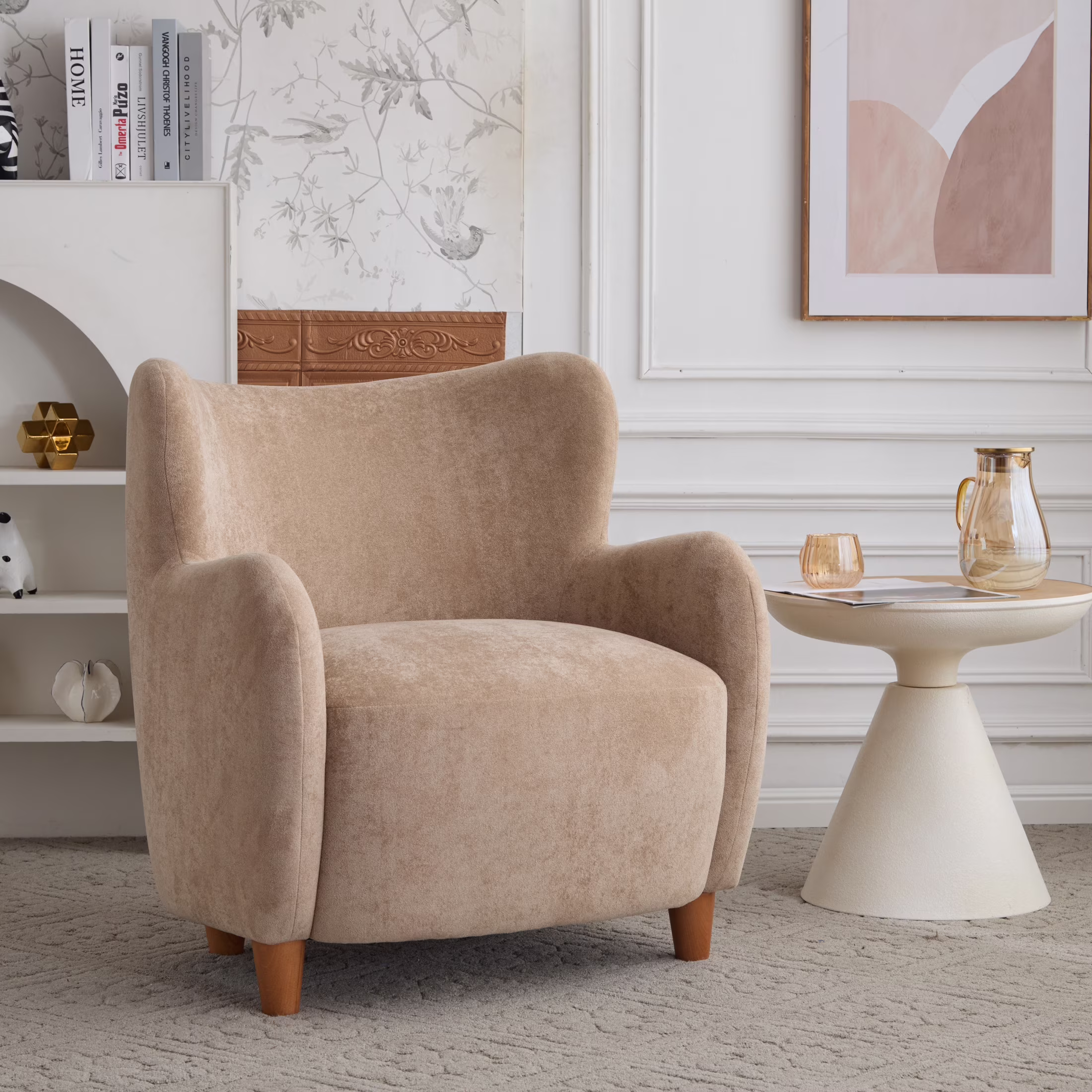 Christopher Knight Home Mid-Century Modern Velvet Wingback Accent Chair with Birch Legs, White