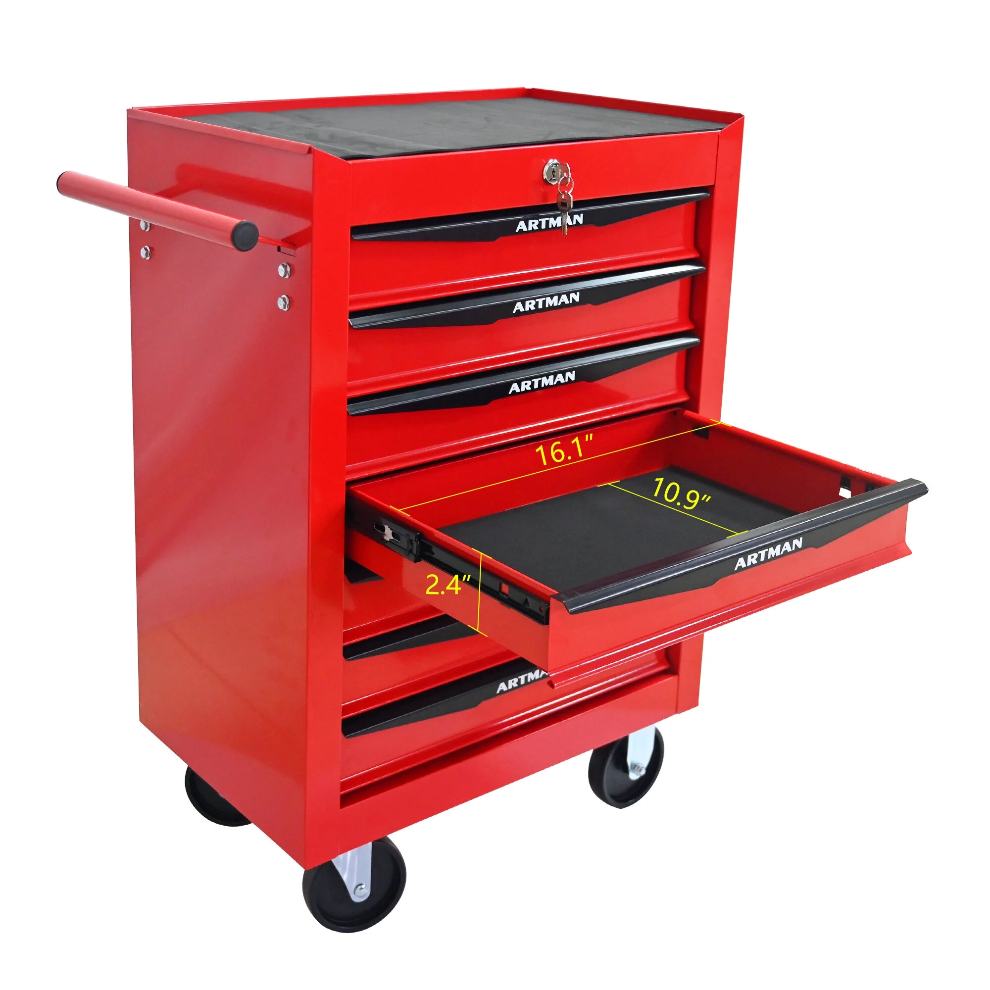 Tool Cabinets 4 Drawers Multifunctional Tool Cart with Wheels,Metal Rolling Tool Cart Storage for Garage Workshop Warehouse Repair Shop--With Stainless Steel Roof- Red&Black,Garage Tool Cabinets