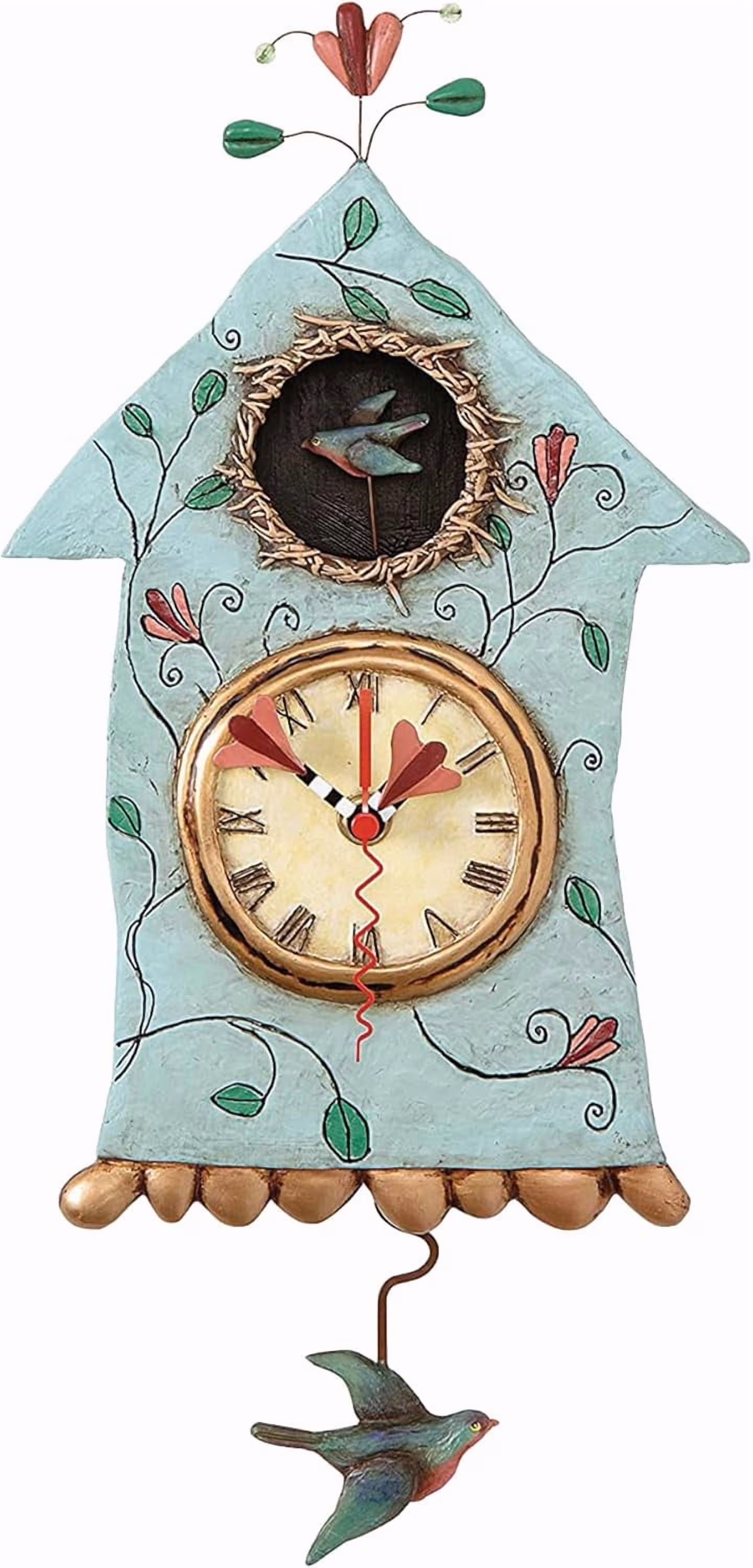 14.9 Inch | Stone Resin Decorative Clocks for Walls Home Decor Kitchen Clocks | Allen Designs Birdhouse with Flowers Cuckoo Wall Clock - Battery Operated Pendulum Analog Clock