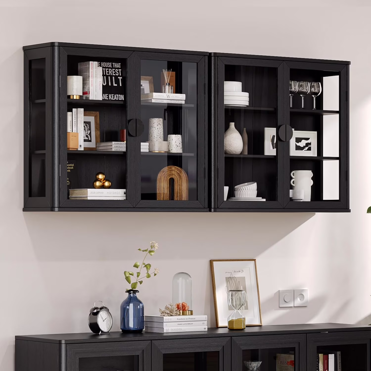 56" Black Wall Storage Cabinets,Kitchen Wall Cabinets with Glass Doors,Over The Toilet Storage Cabinets with Tempered Glass, Upper cabinets for Launtry, Kitchen,Bathroom, 28 inch X 2PCS