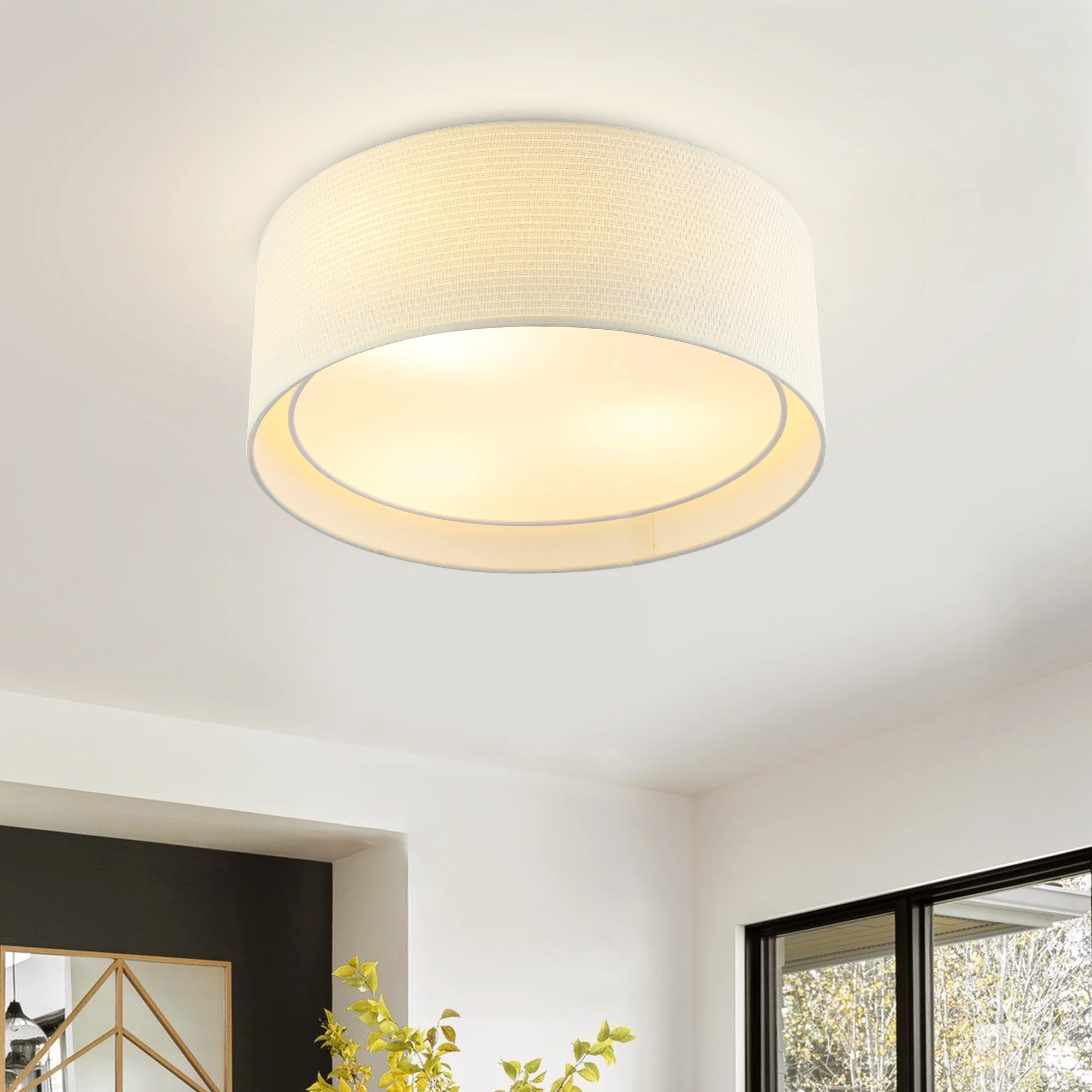 LEDET 15.7 in. Yellow Flush Mount Ceiling Light Rattan Weaving Shade Home Decor Pendant Lighting