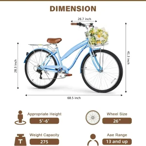 WEIZE Beach Cruiser Bike 26 inch Commuter Bicycle for Adult Men and Women 7-Speed/High-Carbon