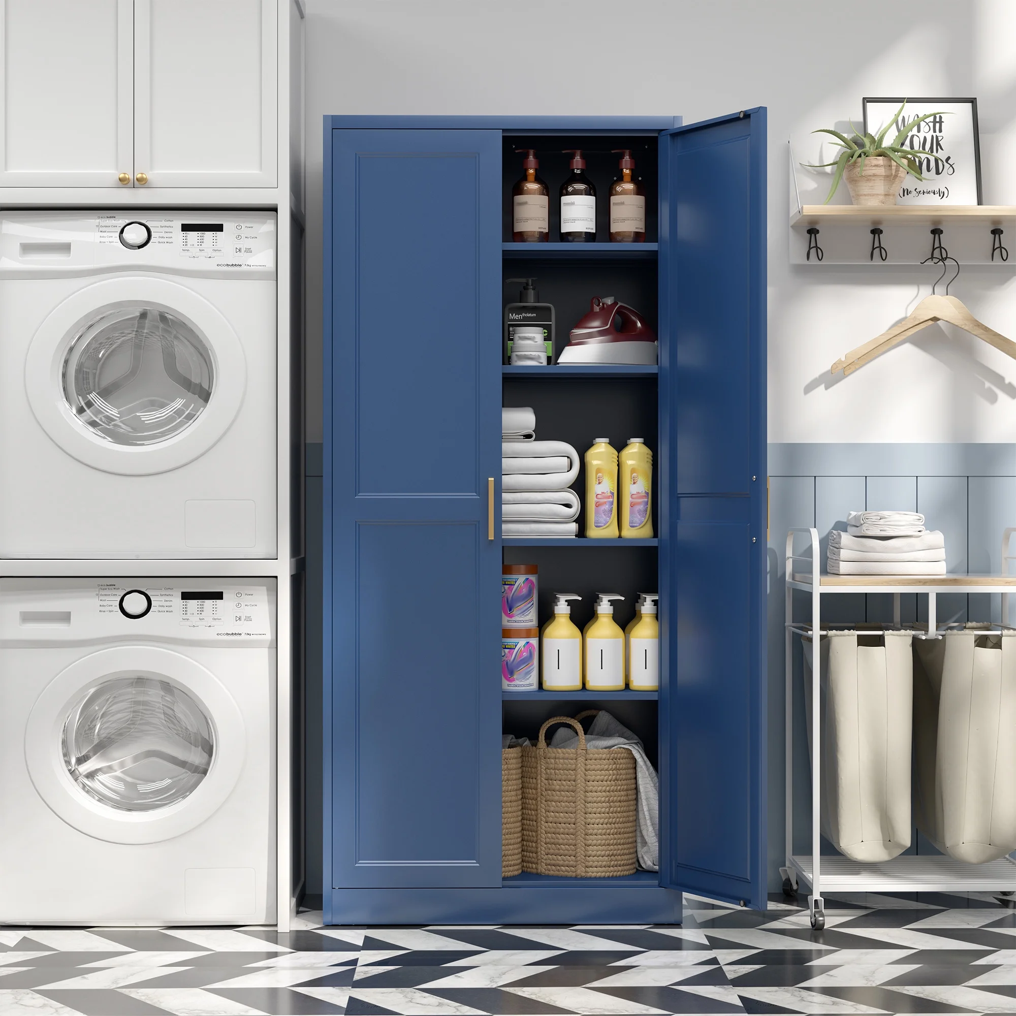 Polup White 75" H Modern Kitchen Storage Cabinet with Doors and Adjustable Shelves
