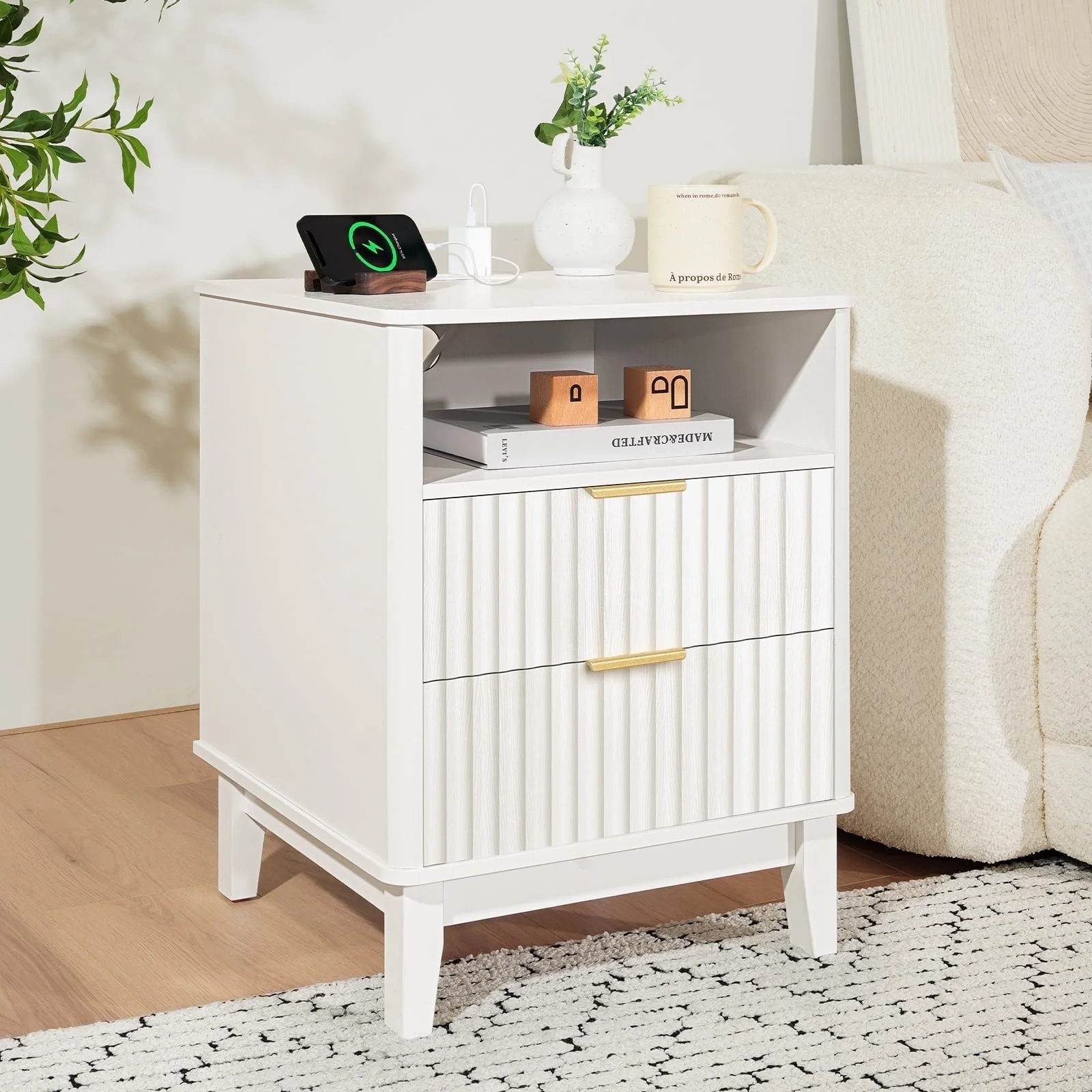 Night Stand with Charger Station, Fluted Nightstand with 2 Drawers and Storage Shelf, Mid Century Modern End Table for Bedroom Living Room,Natural