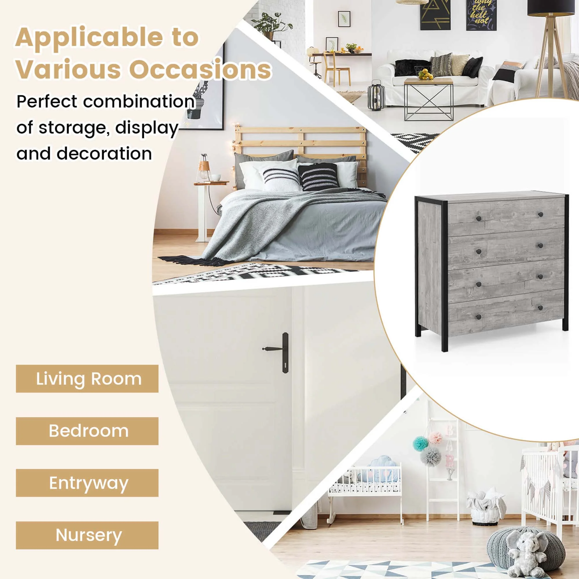 Costway 4-Drawer Dresser Modern Chest of Drawers Wooden Storage Dresser Grey