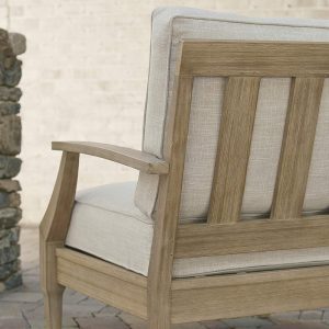 Signature Design by Ashley Clare View Coastal Outdoor Patio Eucalyptus Sofa with Cushions, Beige