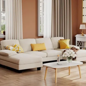 Furmax Sectional Couches for Living Room, U-Shaped Sofa Couch with Linen Fabric, 4 Seat Sofa Set with Double Chaise for Apartment (Fabric, Grey)