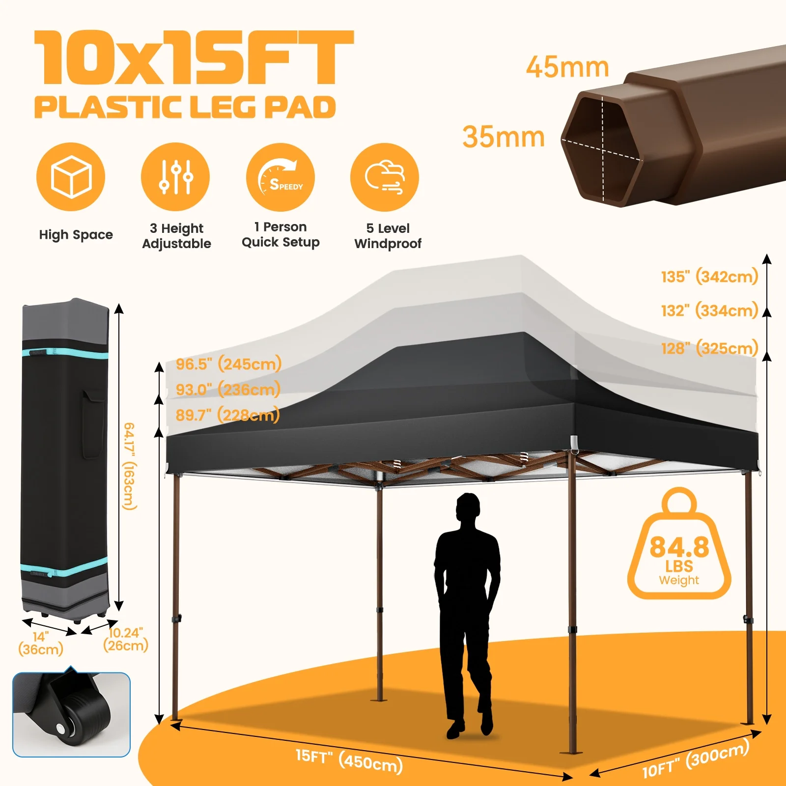COBIZI 10x15 Pop Up Canopy Tent Heavy Duty with Sidewall, Commercial Outdoor Easy Pop Up Gazebo for Party Wedding All Weather Waterproof UV 50+ with Roller Bag(Leg Upgraded),Black