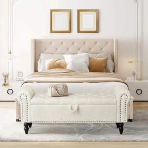 Furniliving Modern Storage Ottoman Bench, Sherpa Ottoman End of Bed Bench with Solid Wood Legs Upholstered Ottoman Benches with Storage Indoor Bench for Living Room with Rolled Arm, Entryway, White