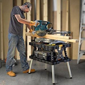Keter ?C 197283 Folding Table Work Bench for Miter Saw Stand Woodworking Tools and Accessories with Included 12 Inch Wood Clamps ?C Easy Garage Storage Black/Yellow