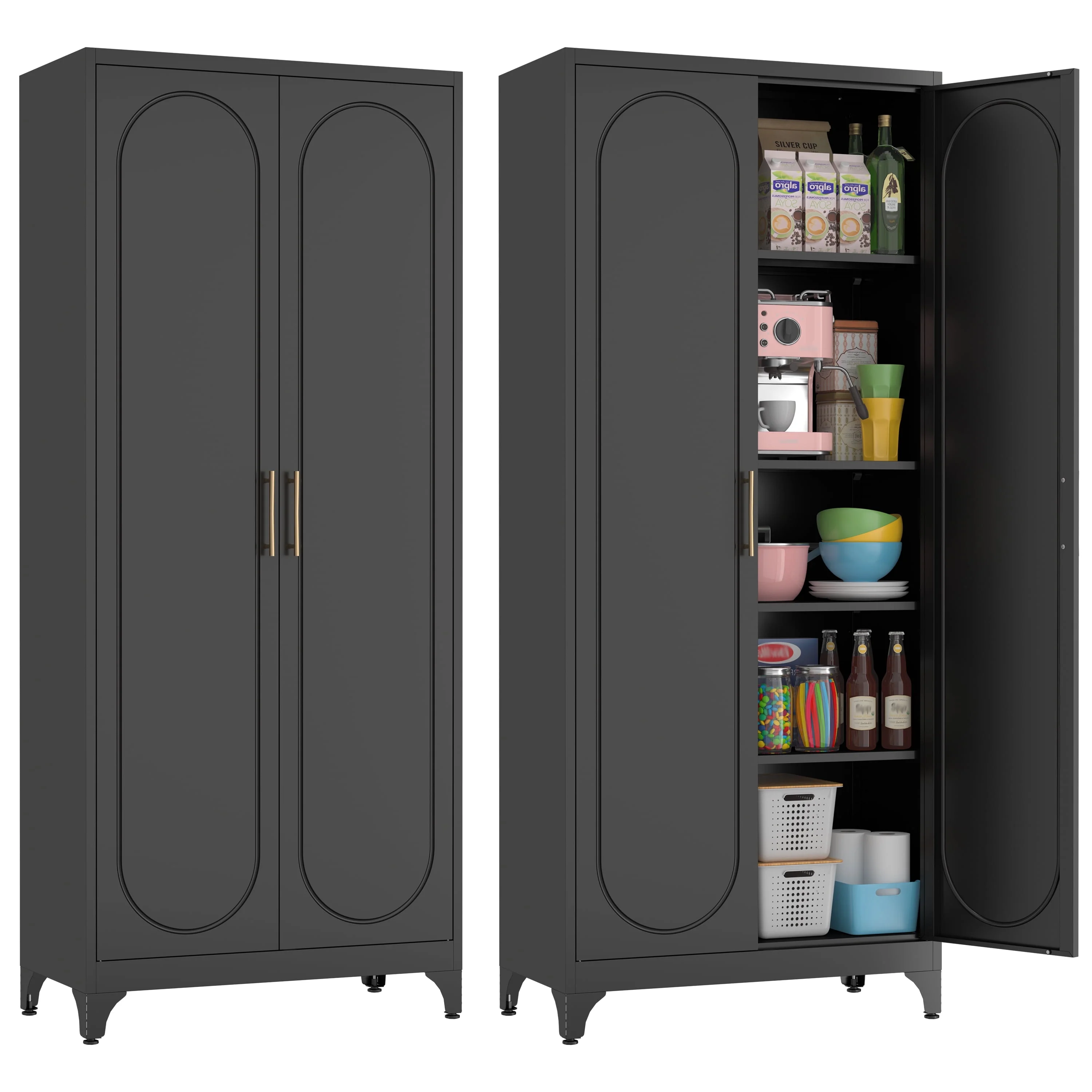 Polup White 75" H Modern Kitchen Storage Cabinet with Doors and Adjustable Shelves