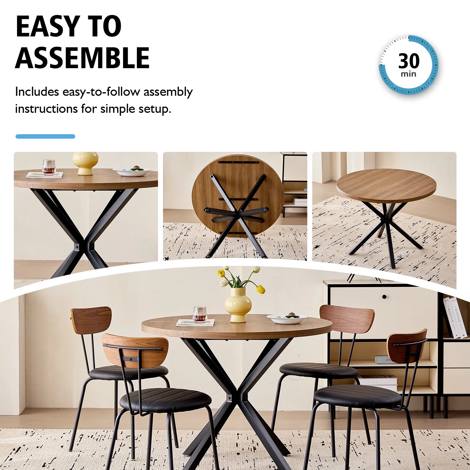 39- Round Dining Table, Modern Small Kitchen Table for 4 with X-Shaped Metal Legs and 1.2" Thickness Tabletop for Kitchen Dining Room, Coffee Table, Oak