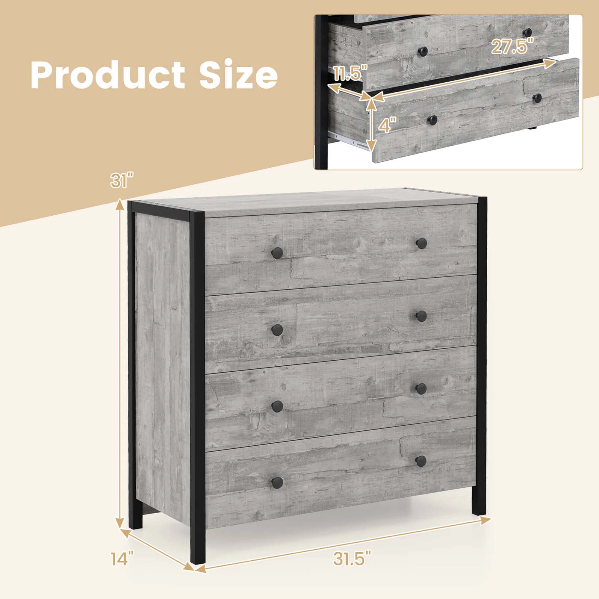 Costway 4-Drawer Dresser Modern Chest of Drawers Wooden Storage Dresser Grey