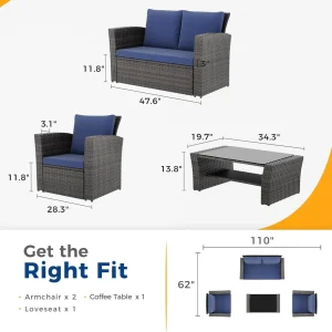 Wisteria Lane 4 Piece Outdoor Patio Furniture Sets, Wicker Conversation Set for Porch Deck, Grey Rattan Sofa Chair with Cushion Blue