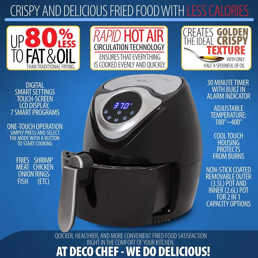 14.5 Cup 3.7 Qt Digital Air Fryer Cooker With 7 Smart Programs, Led Touch Screen, Oil-Less Non-Stick Coated Basket, Timer Counter Top, Healthy Kitchen Safe Frying Station With Cook Book