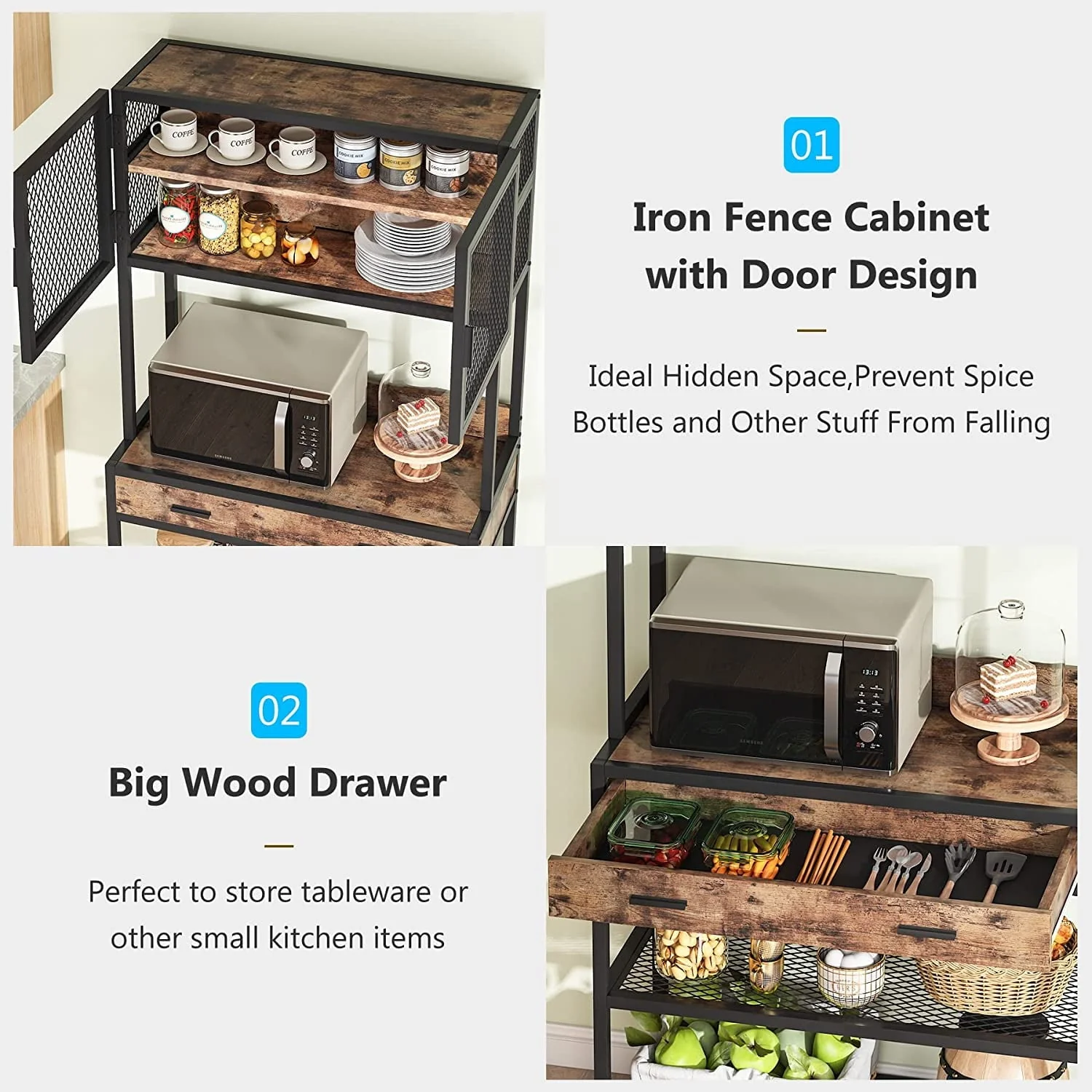Tribesigns Kitchen Bakers Rack, Microwave Oven Stand with Storage Shelves Cabinet and Drawer, Bakers Racks for Kitchens with Storage Hutch, Kitchen Storage Shelf Organizer Rack for Dinning Room