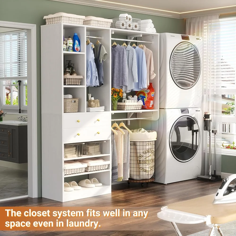 iSunirm 5FT Closet System with Drawers,5FT Closet System with Drawers, 60" Closet Organizer System with 2 Hanging Shelving Perfect Storage Solution for Organizing Your Closet