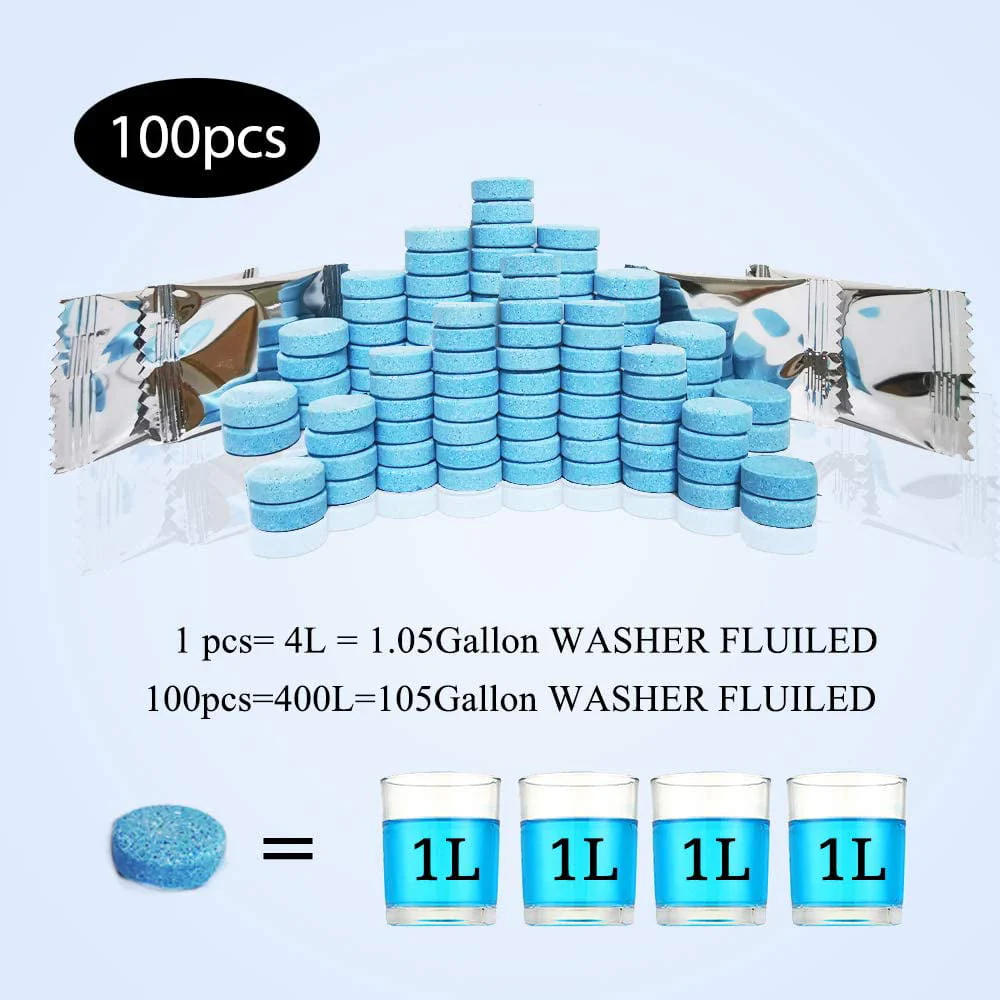 OBOSOE 100Pcs Windshield Washer Fluid Tablets,Wiper Fluid Concentrate,Washer Cleaning Tool for Car Kitchen Window, 1 Piece Makes 1.05 Gallons,100 Pcs Makes 105 Gallons(Winter: Use With Antifreeze)