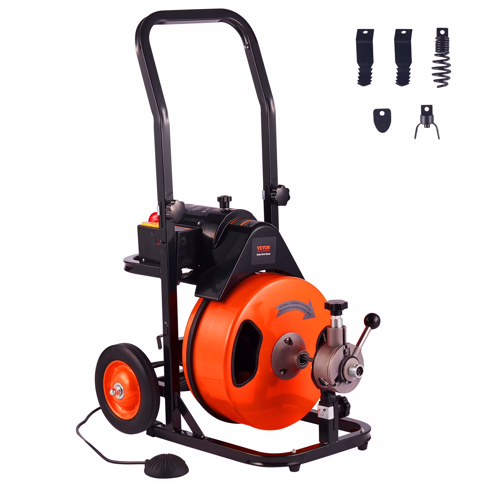 VEVOR Drain Cleaning Machine 50 FT x 1/2 Inch, Sewer Auger Auto Feed with 4 Cutter & Air-activated Foot Switch for 1" to 4" Pipes, Orange, Black