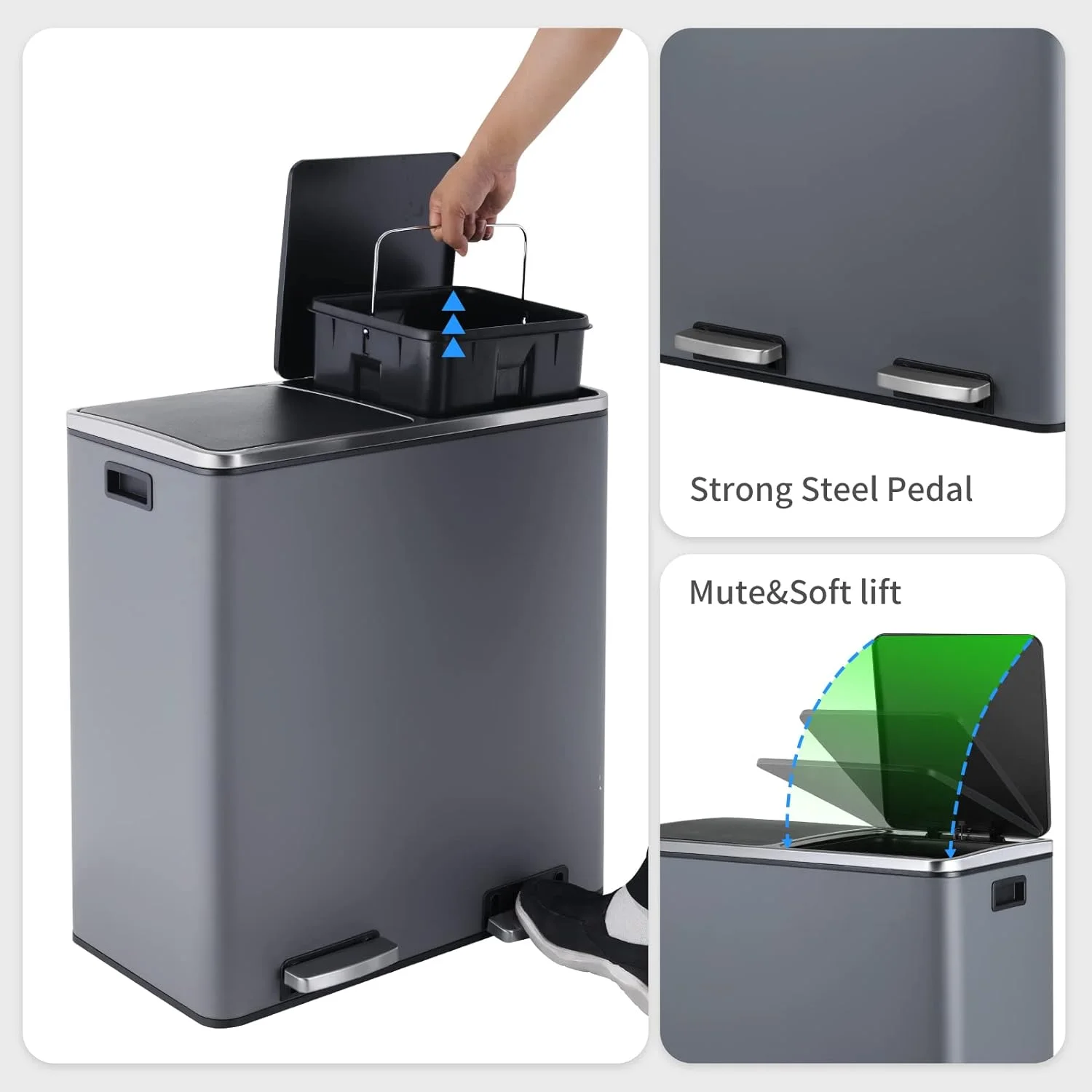 Arlopu 60 L/16 gal Dual Trash Can, Stainless Steel Garbage Can for Kitchen, Recycle Bin with Lid