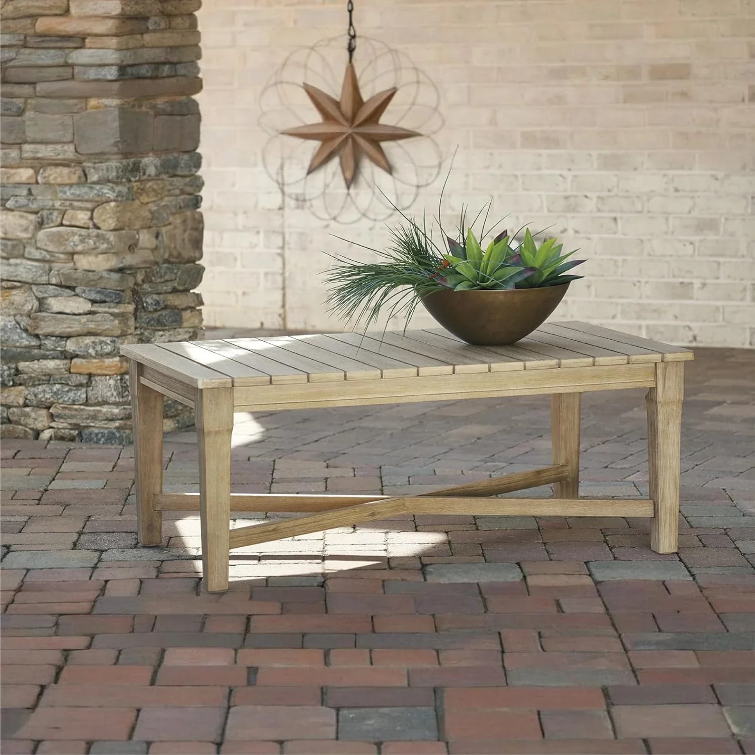 Signature Design by Ashley Clare View Coastal Outdoor Patio Eucalyptus Sofa with Cushions, Beige