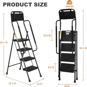 HBTower 4 Step Ladder with Handrails and Tool Bag, Folding Step Stool with Attachable  Anti-Slip Wide Pedal, Black