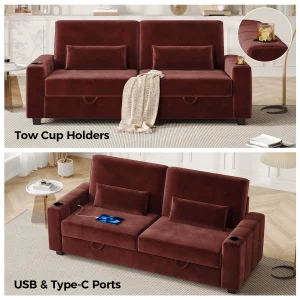 87-Large Loveseat Sofa, 3 Seater Couch with Storage, Velvet Fabric Deep Seat Sofa with Pillow& Cup Holders, Modern Comfy Sofa with USB& Type-C Ports, Home Sofa Couch for Living Room Bedroom