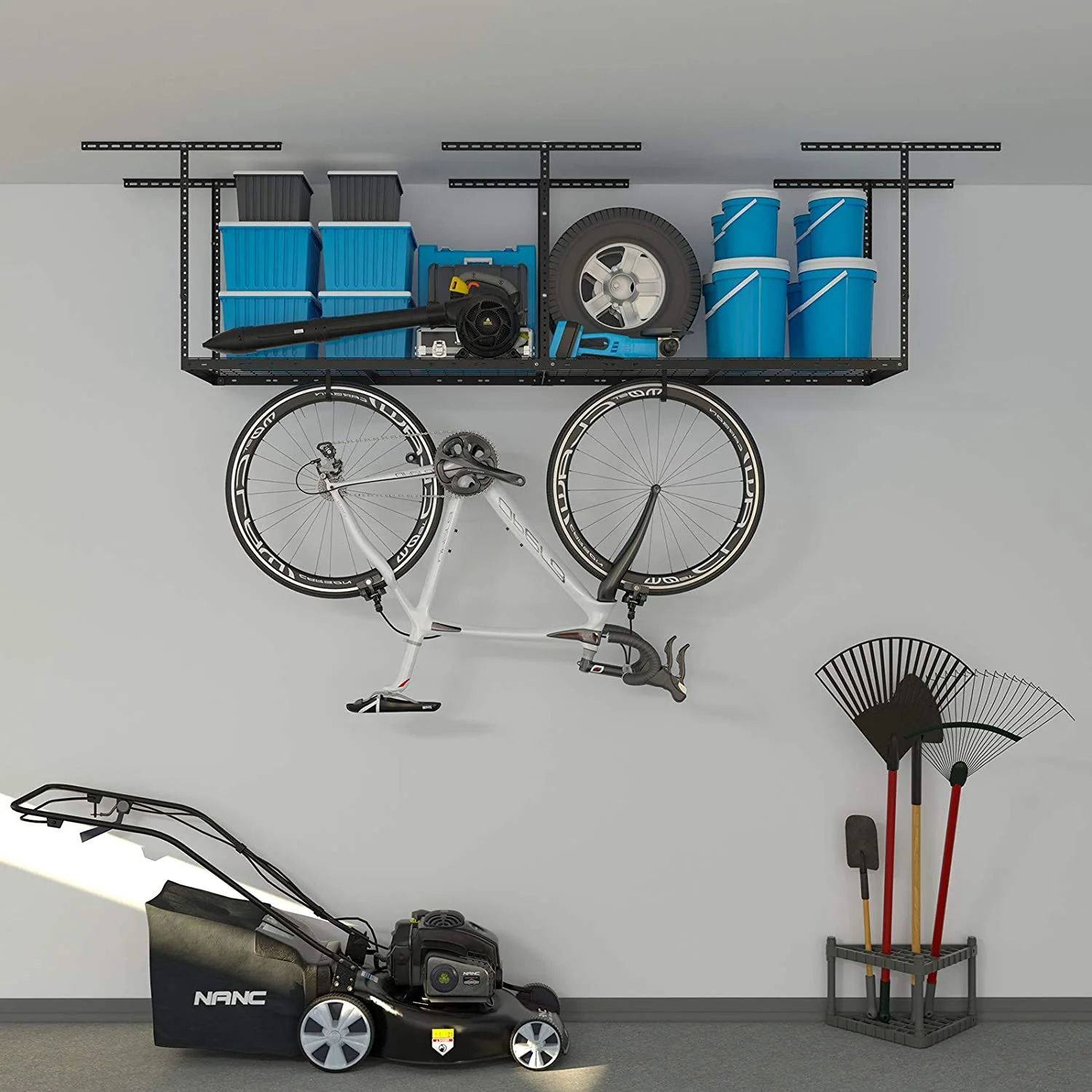 2ftx8ft Overhead Garage Storage Rack, Heavy-Duty Metal Garage Ceiling Storage Rack, 22''-40" Adjustable Ceiling Drop-Down, 400 lb. Loading Weight Capacity, White