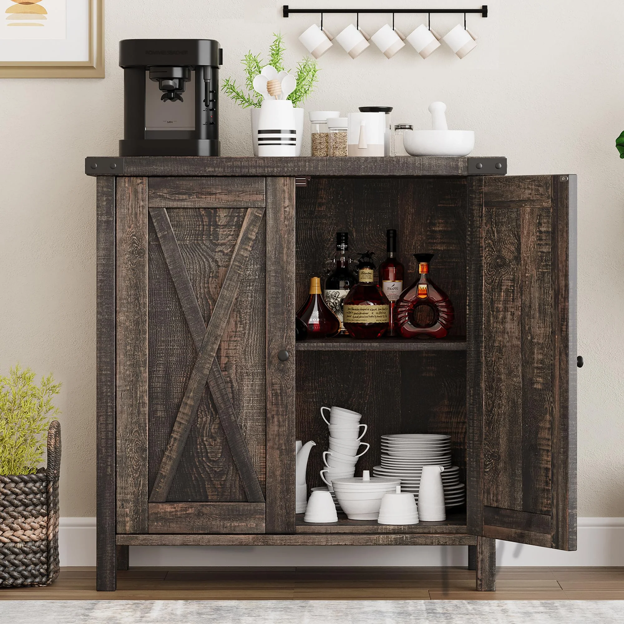Coffee Bar Cabinet with Storage/Adjustable Shelf 30" Small Kitchen Bar Table Corner Bar Cabinet for Tea Buffet Sideboard Cabinet for Dining Room, Farmhouse Coffee Station for Wine