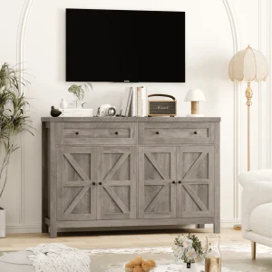 Homfa Farmhouse Kitchen Storage Cabinet, 4-Doors 2-Drawers Wood Buffet Sideboard for Dining Room Living Room, Gray