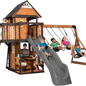 Backyard Discovery Canyon Creek Cedar Wood Swing Set with Wave Slide, Clubhouse, Play Kitchen, Picnic Area, Belt Swings, Web Swing, Rock Wall, Balconies, Playhouse, Step Ladder, Outdoor Playset