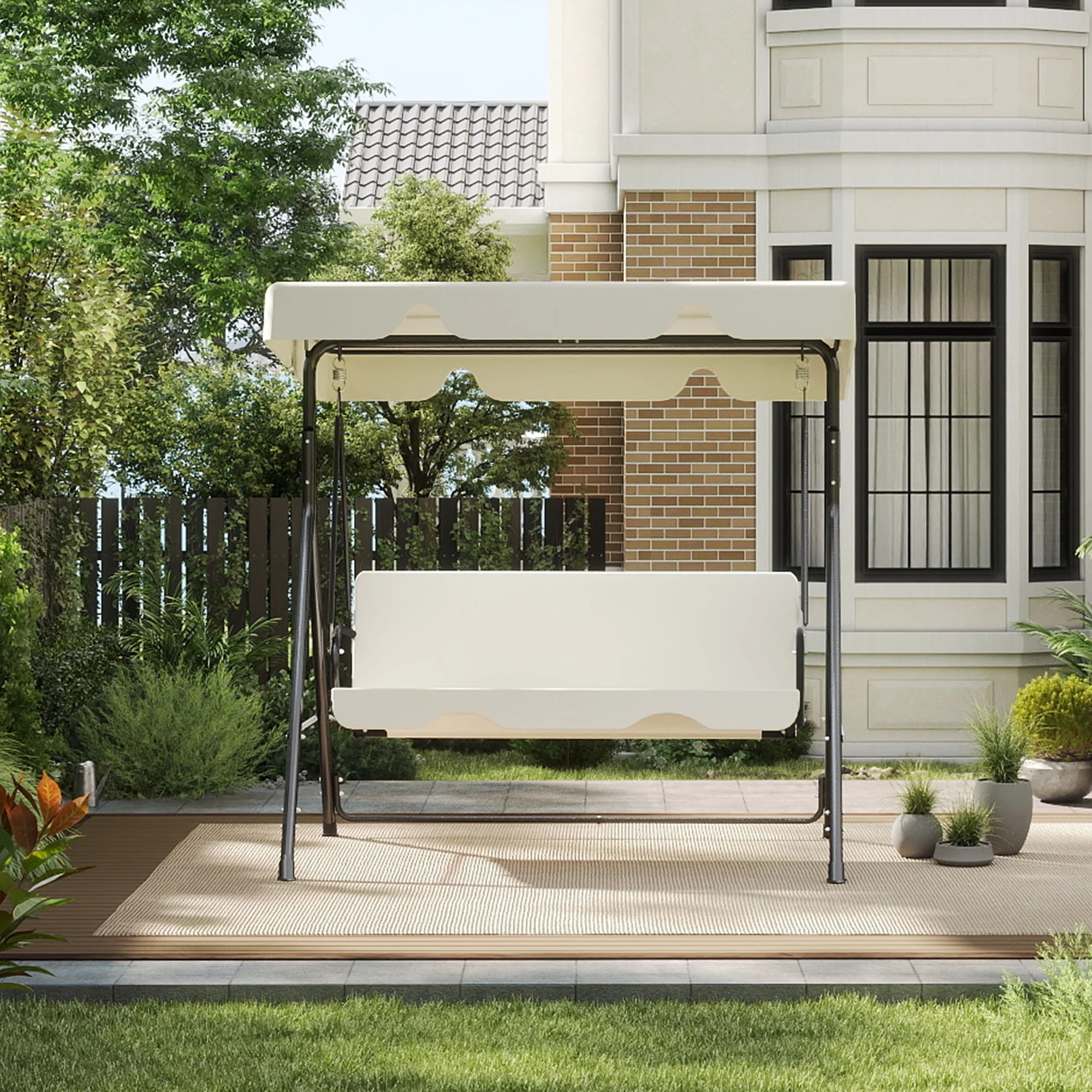 Melocadol 3 Seats Outdoor Porch Swing Glider, Patio Swing Chair with All Weather Covered Canopy and Rust Proof Heavy Duty Stand, for Garden, Lawn, or Backyard, Black
