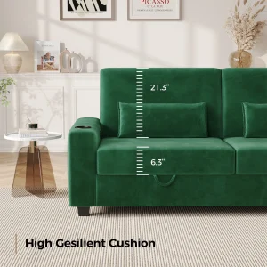 87-Large Loveseat Sofa, 3 Seater Couch with Storage, Velvet Fabric Deep Seat Sofa with Pillow& Cup Holders, Modern Comfy Sofa with USB& Type-C Ports, Home Sofa Couch for Living Room Bedroom