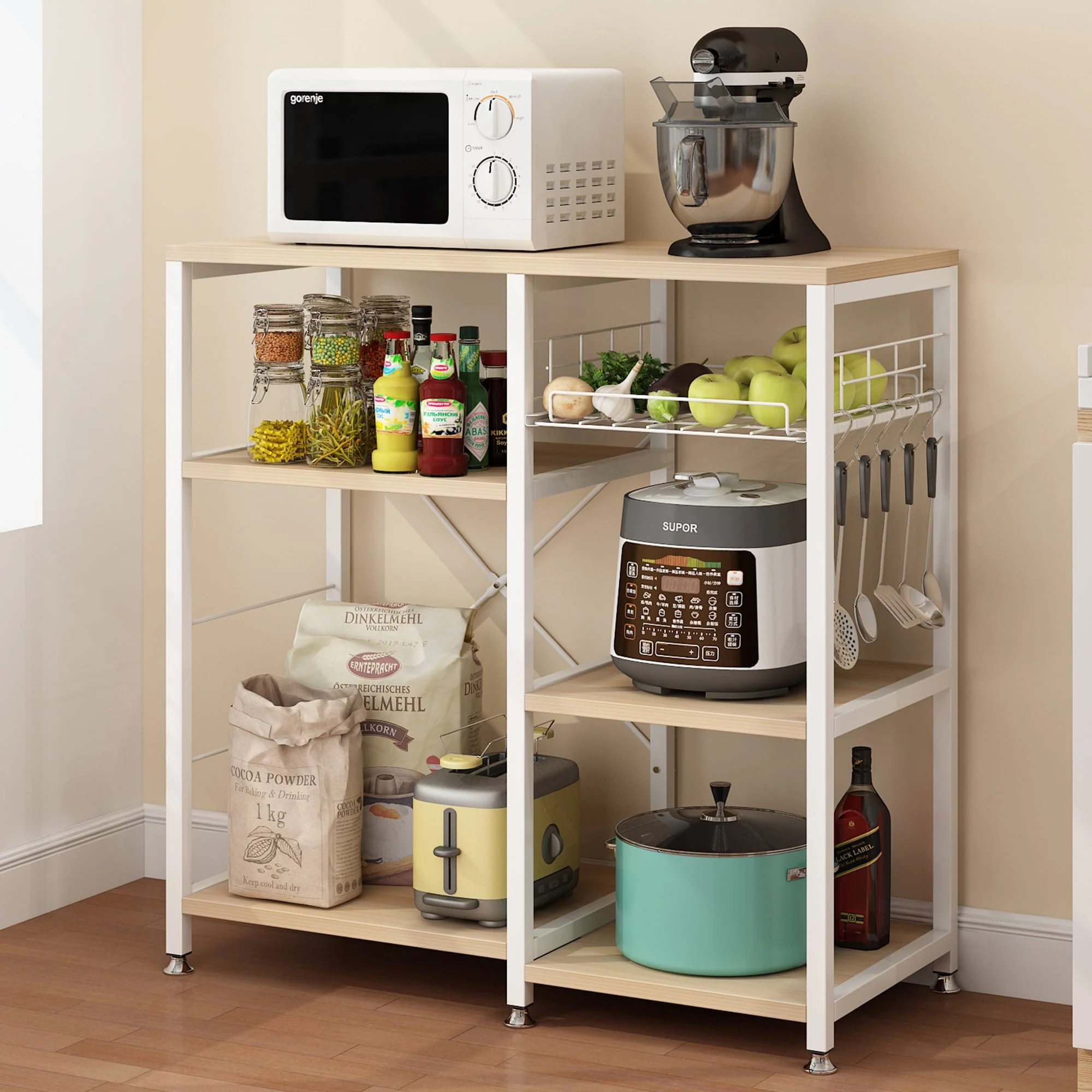 Winado 5 Tiers Vintage Kitchen Baker's Rack Microwave Oven Stand with Kitchen Storage Shelf Rack Hooks, White Oak and Metal Frame