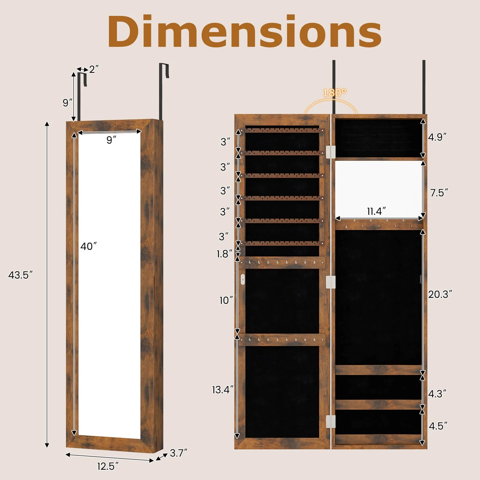 Costway Wall Door Mounted Mirrored Jewelry Cabinet Storage Organizer-Black