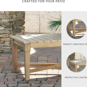 Signature Design by Ashley Clare View Coastal Outdoor Patio Eucalyptus Sofa with Cushions, Beige