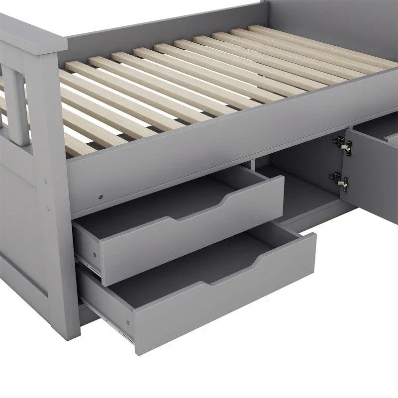 Twin/Full Size Captain Platform Bed with 4 Drawers and Storage Shelves, Solid Wood Bed Frame with Storage Bookcase Headboard