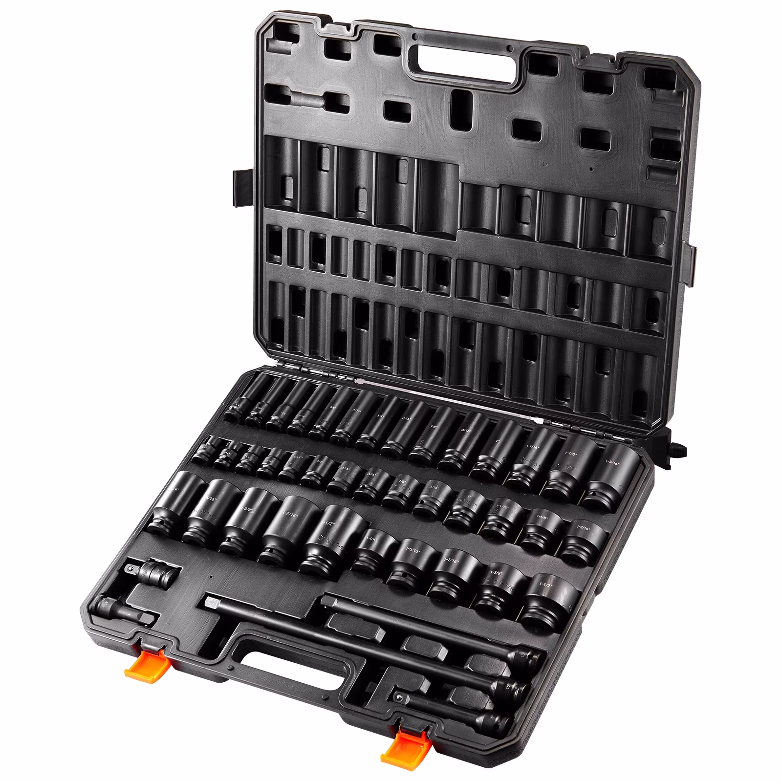 SKYSHALO 43-Pc Impact Socket Set, 1/2" Drive, SAE 3/8"-1-1/2", Deep & Shallow, 6-Point, Cr-Mo Steel, for Automotive Repair, Clear Size Labels, Durable, Includes Case