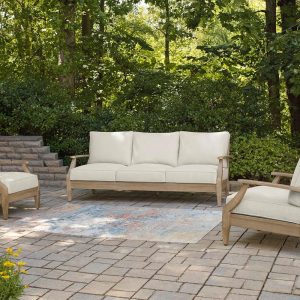 Signature Design by Ashley Clare View Coastal Outdoor Patio Eucalyptus Sofa with Cushions, Beige