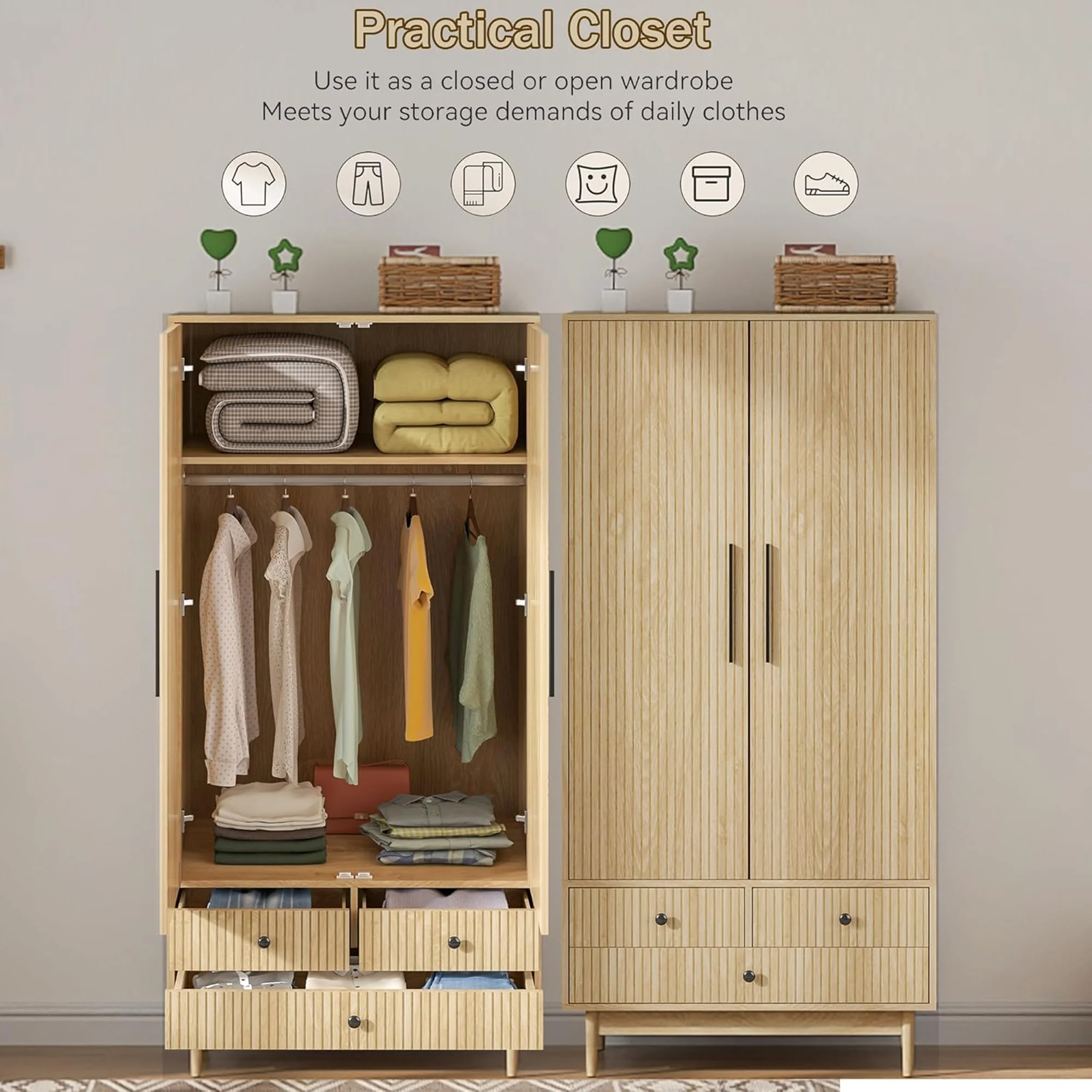 Oubayajia Wardrobe Armoire Closet, 2 Fluted Doors Wardrobe Cabinet with 3-Drawer and Hanging Rod, Wood Wardrobe Storage for Bedroom