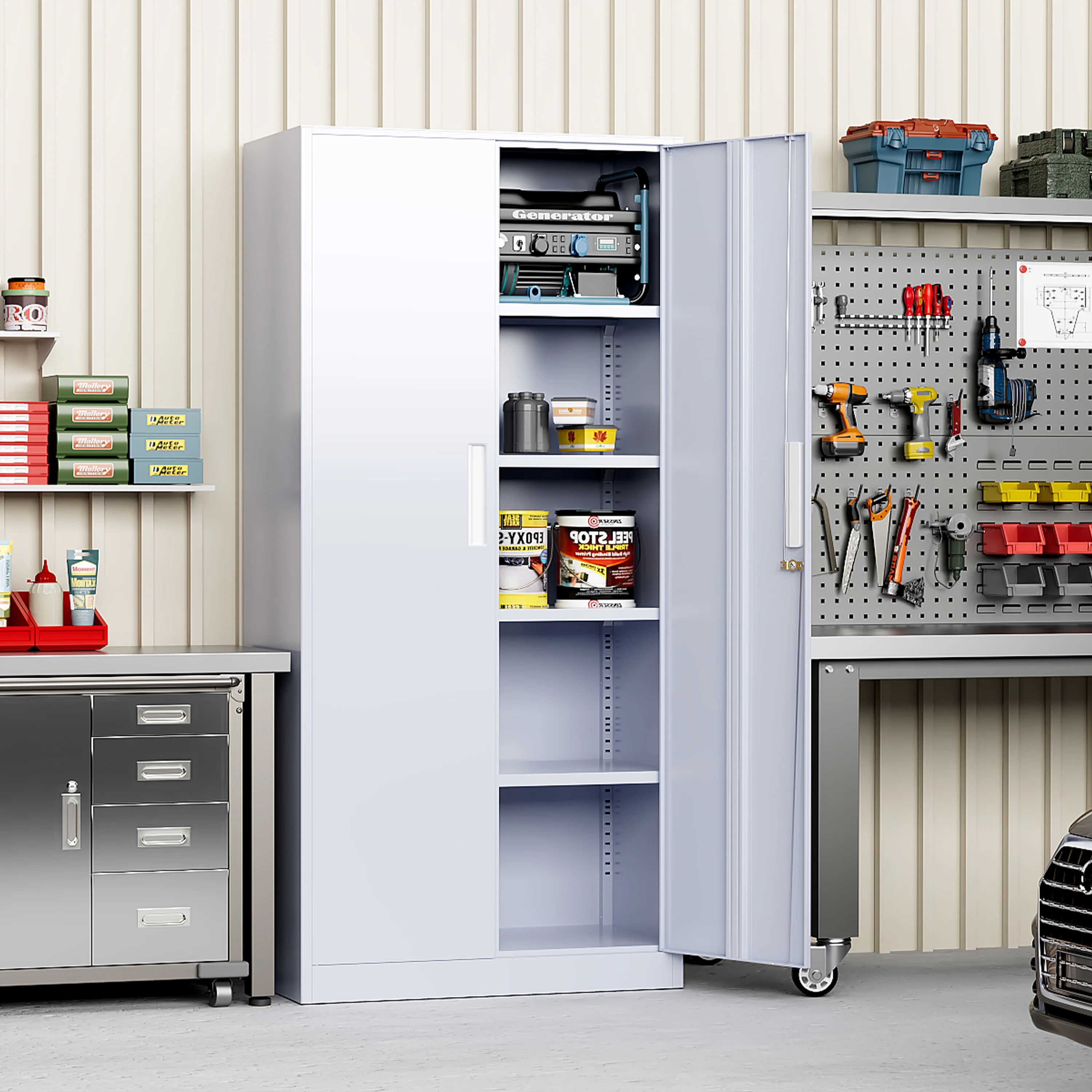 SUNCROWN 71 In Metal Storage Garage Cabinets with Locking Doors and Adjustable Shelves, Steel Storage Cabinet for Garage, Office, Classroom, Assemble Required(Black)