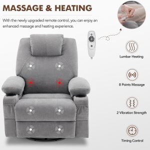 Oversized Swivel Rocker Recliner Chair with Heat and Massage, 360 Degree Swivel Rocking Single Sofa with Cup Holders and USB Port, Large Big Recliner Chair for Living Room (Leather, Brown)