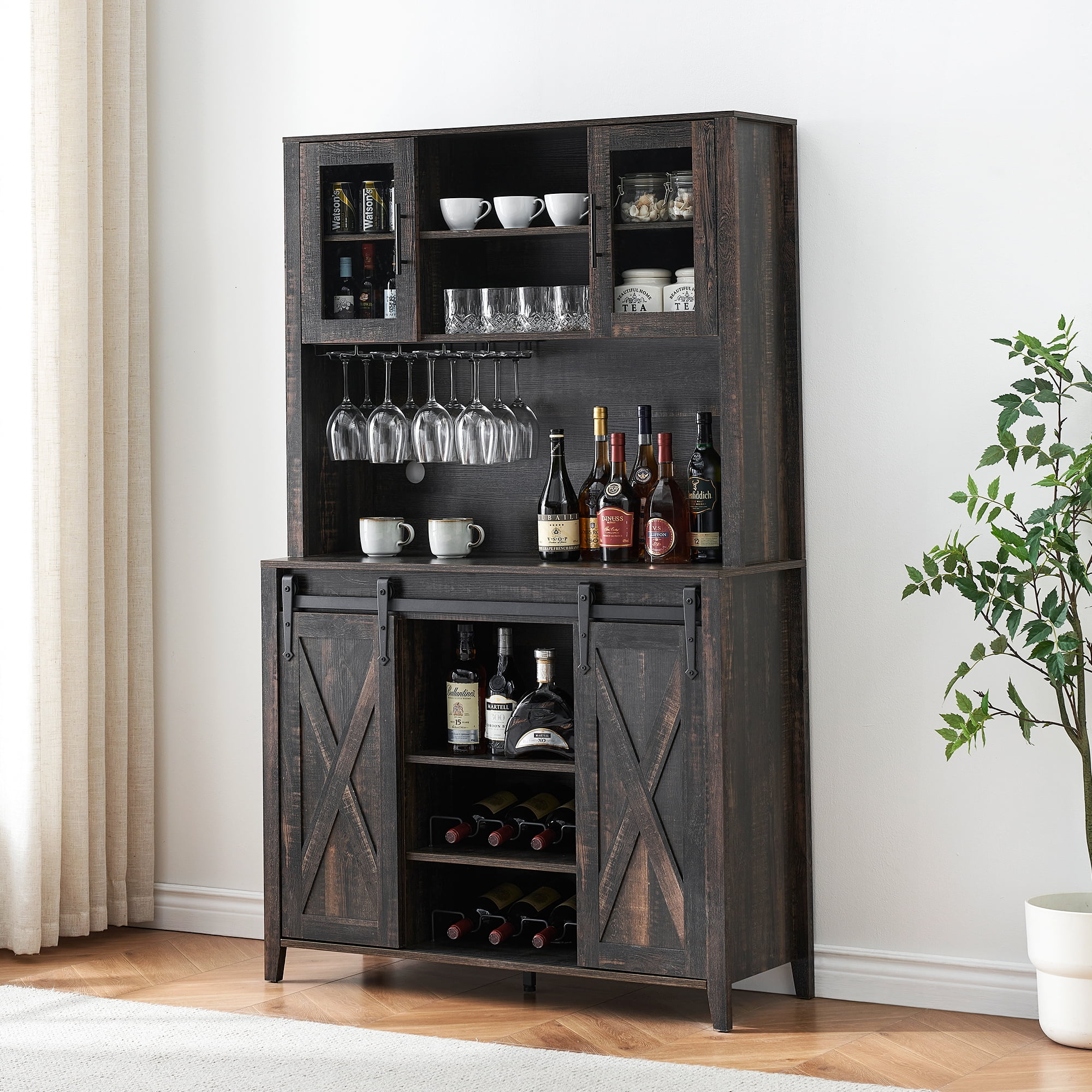 Farmhouse Bar Cabinet with Storage, Kitchen Buffet Cabinet with Sliding Barn Door and 3 Drawers, Coffee Bar with Wine and Glass Rack for Kitchen, Dining Room, White