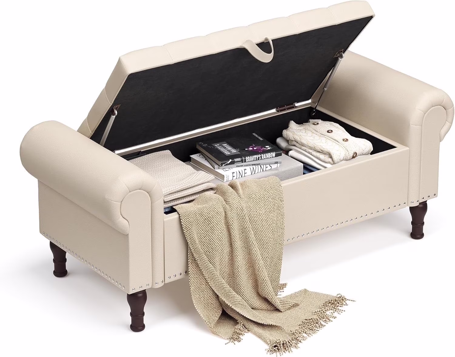Gelloan Storage Ottoman Bench for Bedroom,Upholstered Bedroom Bench with Rolled Arms and Rivets, Storage Chest for Living Room,Grey,51 Inches